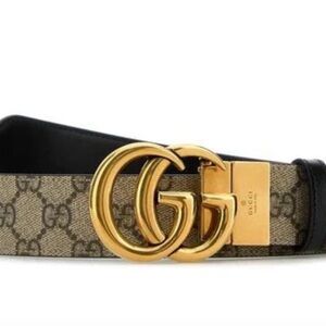 Gucci Beige/Black GG Supreme Belt with Gold Double G Buckle